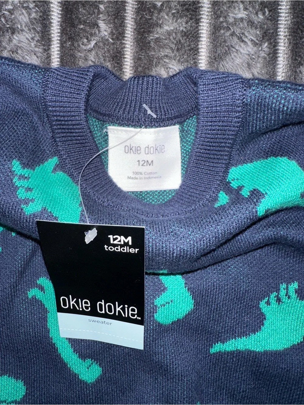 Okie Dokie baby boy Navy Sweater with Teal Dinosaur Pattern